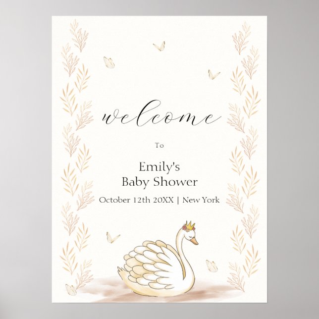 Gold Princess Swan Butterfly Baby Shower Welcome Poster (Front)