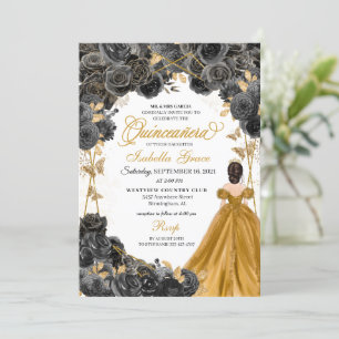 Gold Princesss Dress Black Roses Quinceañera Invitation