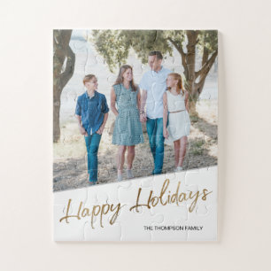 Gold Print Happy Holidays Family photo Jigsaw Puzzle