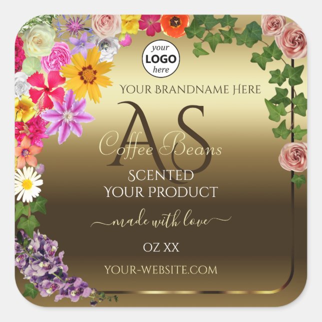Gold Product Labels Colourful Flowers Monogram Log (Front)
