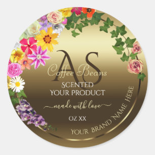 Gold Product Labels Colourful Flowers with Monogra