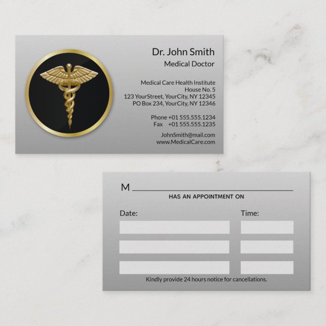 Gold Professional Medical Caduceus Appointment Card (Front/Back)