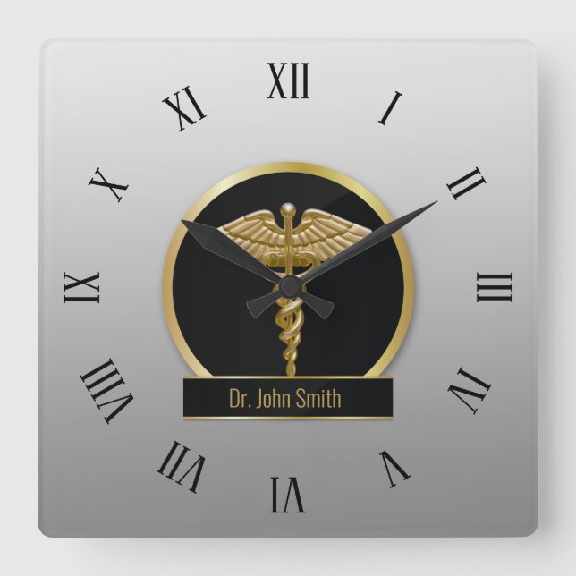 Gold Professional Medical Caduceus Square Wall Clock (Front)