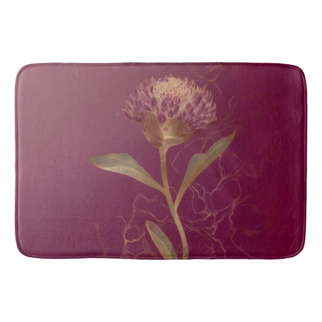 Gold Protea Flower Burgundy Botanical Linework Bath Mat (Front)