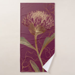 Gold Protea Flower Burgundy Botanical Linework Bath Towel Set