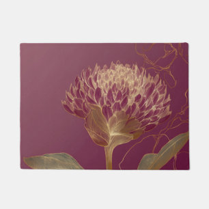 Gold Protea Flower Burgundy Botanical Linework Doormat