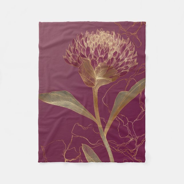 Gold Protea Flower Burgundy Botanical Linework Fleece Blanket (Front)