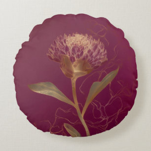 Gold Protea Flower Burgundy Botanical Linework Round Cushion