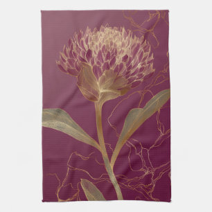 Gold Protea Flower Burgundy Botanical Linework Tea Towel
