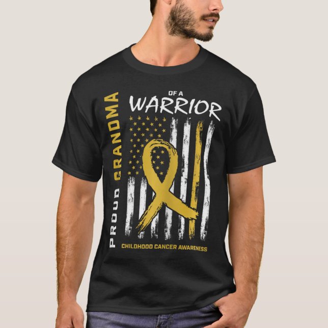 Gold Proud Grandma Childhood Cancer Awareness Amer T-Shirt (Front)