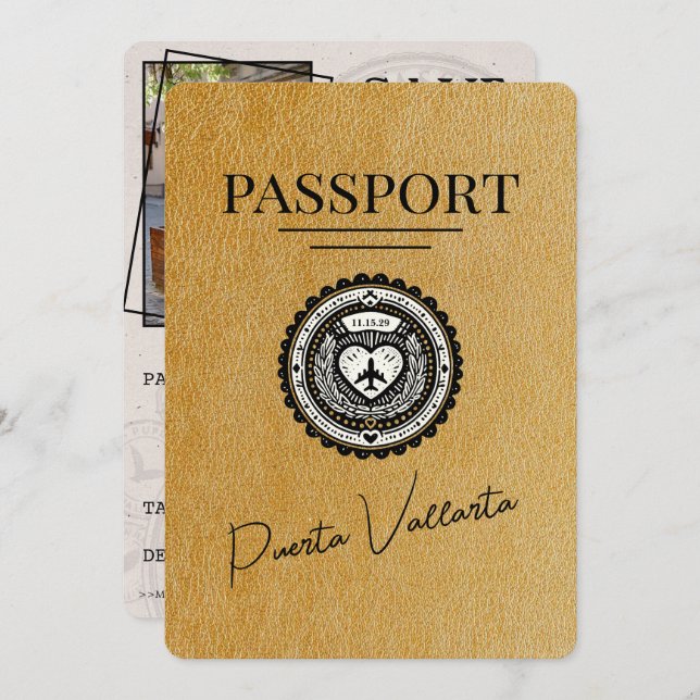 Gold Puerta Vallarta Passport Save The Date (Front/Back)