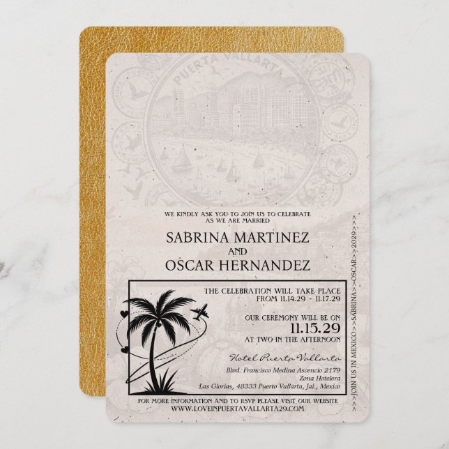 Gold Puerta Vallarta Passport Wedding Invitation (Front/Back)