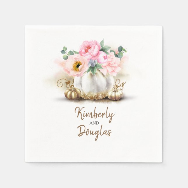 Gold Pumpkin and Pink Flowers Rustic Fall Napkin (Front)