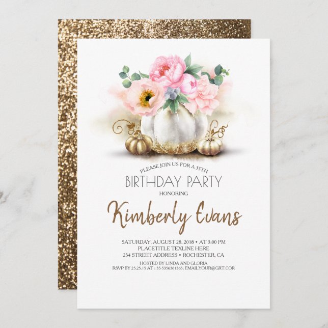 Gold Pumpkin Blush Pink Floral Fall Birthday Invitation (Front/Back)