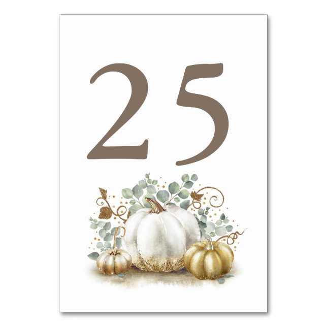 Gold Pumpkin Fall Wedding Table Number Cards (Front)