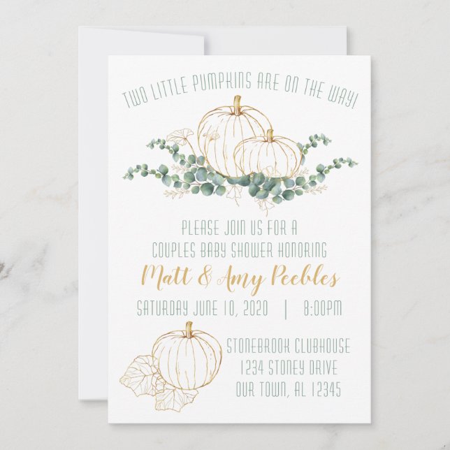 Gold Pumpkin TWIN Baby Shower Invite (Front)