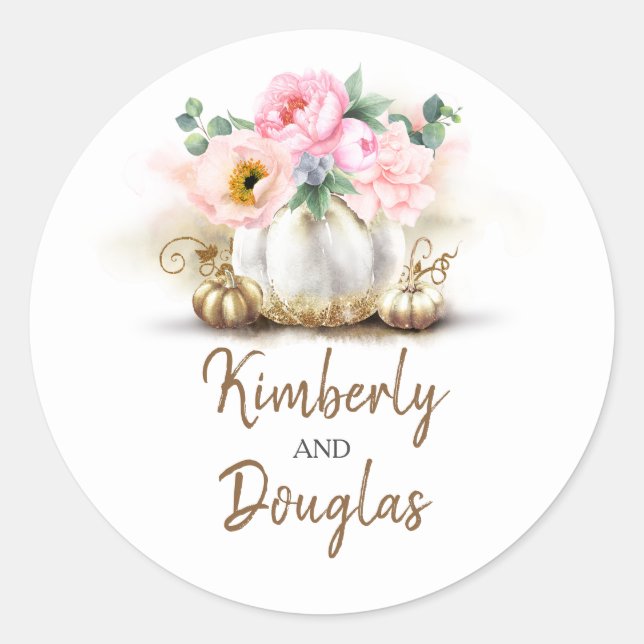 Gold Pumpkins and Blush Pink Flowers Fall Wedding Classic Round Sticker (Front)