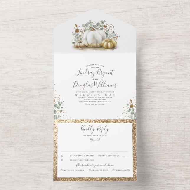 Gold Pumpkins and Eucalyptus Leaves Fall Wedding All In One Invitation (Inside)