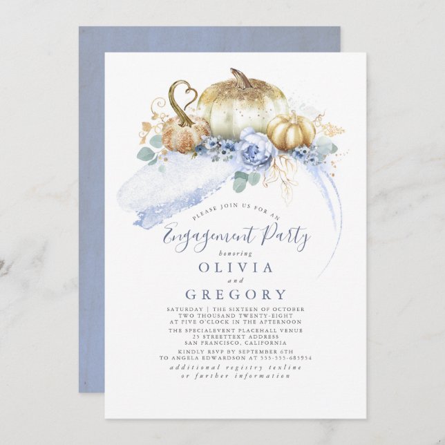 Gold Pumpkins Dusty Blue Fall Engagement Party Invitation (Front/Back)