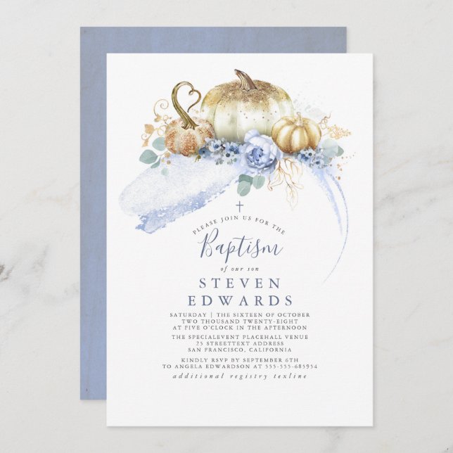 Gold Pumpkins Dusty Blue Floral Fall Baptism Invitation (Front/Back)