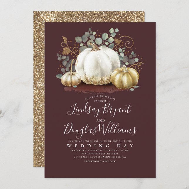 Gold Pumpkins Rustic Burgundy Red Fall Wedding Invitation (Front/Back)