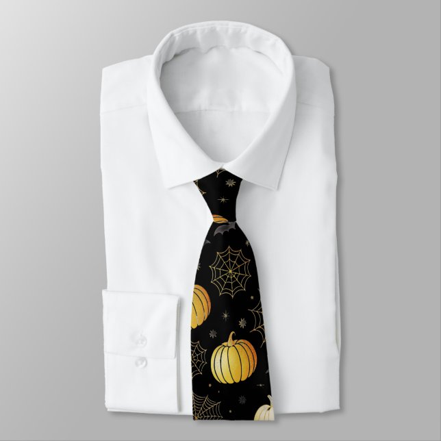 Gold Pumpkins & Webs – Seamless Halloween Pattern Tie (Tied)
