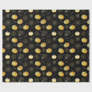 Gold Pumpkins & Webs – Seamless Halloween Pattern Wrapping Paper