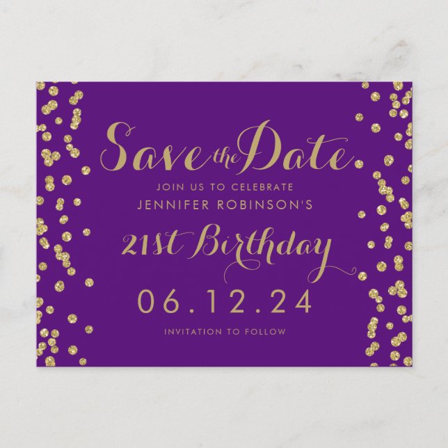 Gold Purple 21st Birthday Save The Date Confetti Announcement Postcard (Front)