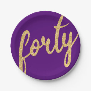 Gold Purple 40 Birthday Party Glitter "Forty" Paper Plate