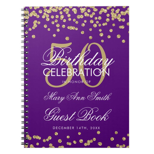 Gold Purple 50th Birthday Guest Book Confetti (Front)