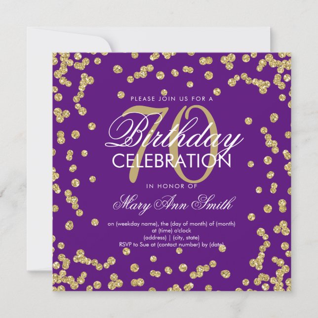 Gold Purple 70th Birthday Glitter Confetti Invitation (Front)