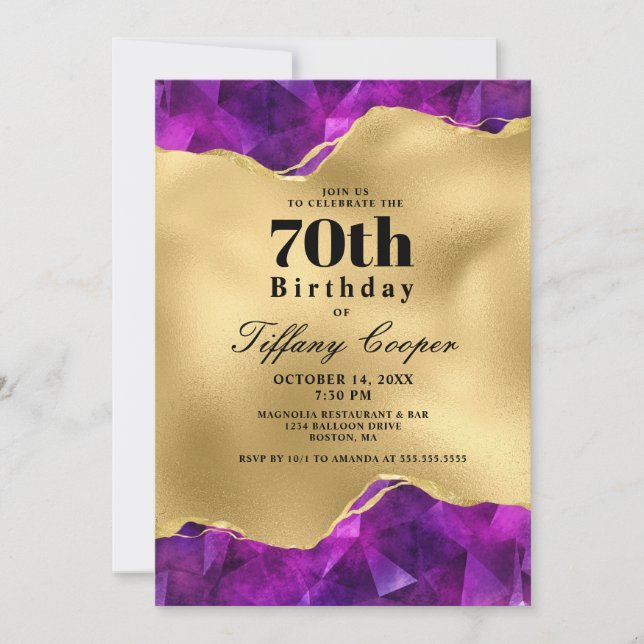 Gold Purple 70th Birthday Party Invitation (Front)