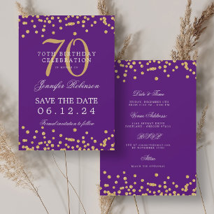 Gold Purple 70th Birthday Save the Date Details Invitation