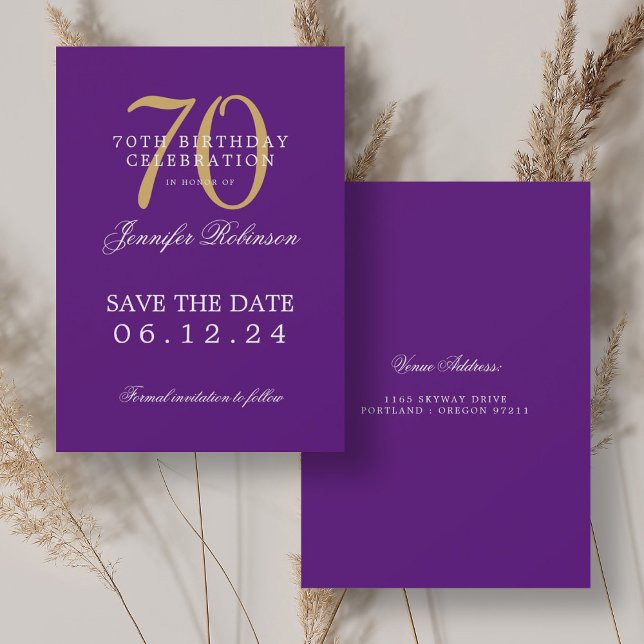 Gold Purple 70th Birthday Save the Date  Invitation (Gold Purple 70th Birthday Save the Date Invitation)