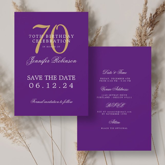 Gold Purple 70th Birthday Save the Date w/ Details Invitation (Gold Purple 70th Birthday Save the Date w/ Details Invitation)
