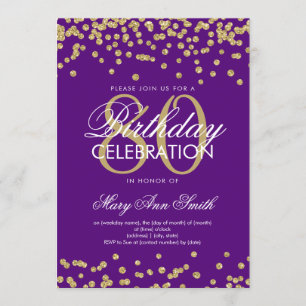 Gold Purple 80th Birthday Party Glitter Confetti Invitation