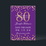 Gold Purple 80th Birthday Save the Date Details Invitation<br><div class="desc">Elegant "70th Birthday Party" design with faux glitter confetti & details text. Easy to use and easy to personalise. Order Today!</div>