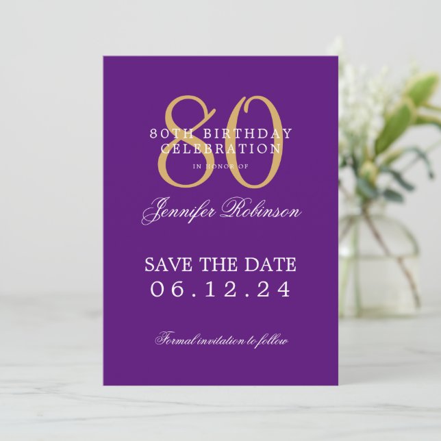 Gold Purple 80th Birthday Save the Date  Invitation (Standing Front)