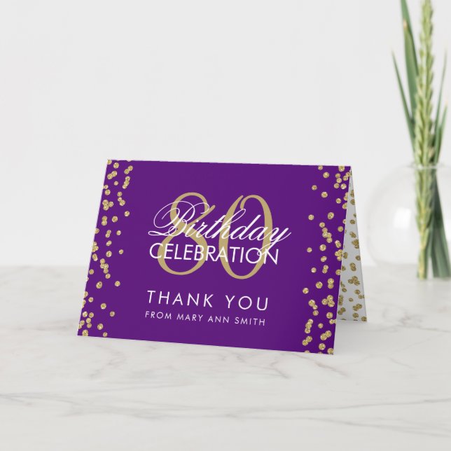 Gold Purple 80th Birthday Thank you Glitter (Front)
