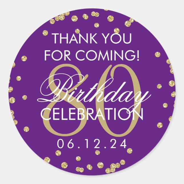 Gold Purple 80th Birthday Thank You Glitter Classic Round Sticker (Front)