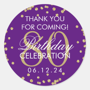 Gold Purple 80th Birthday Thank You Glitter Classic Round Sticker