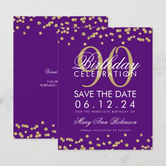Gold Purple 90th Birthday Save Date Confetti Invitation (Front/Back)