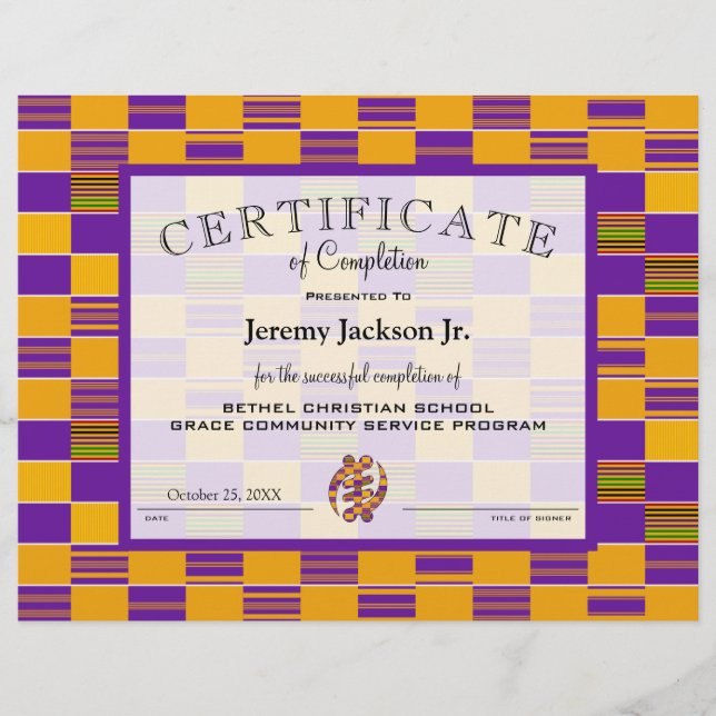 Gold Purple Africa Kente Certificate of Completion (Front)