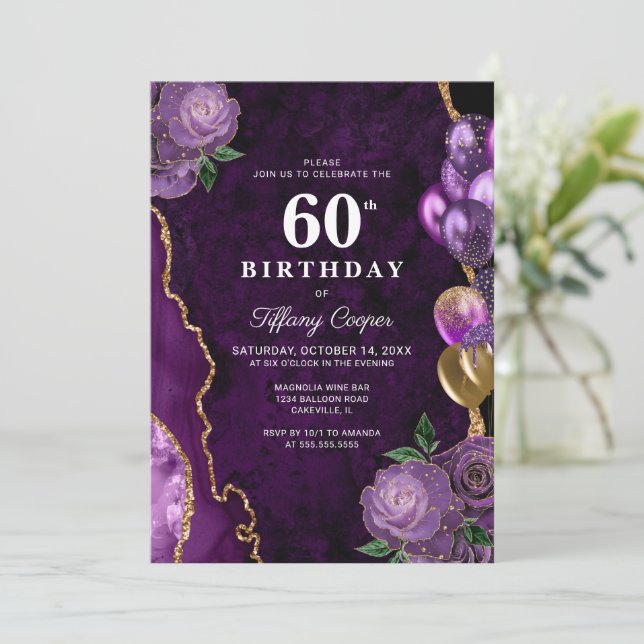 Gold Purple Agate 60th Birthday Invitation (Standing Front)