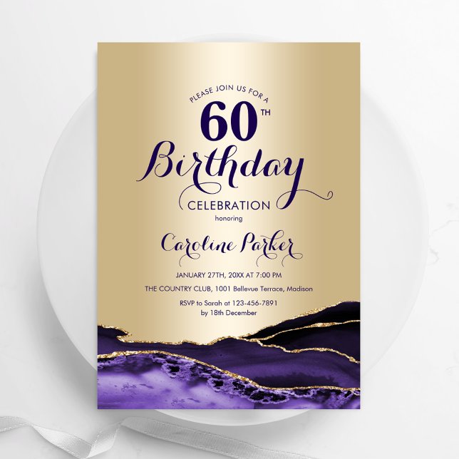 Gold Purple Agate 60th Birthday Invitation (Creator Uploaded)