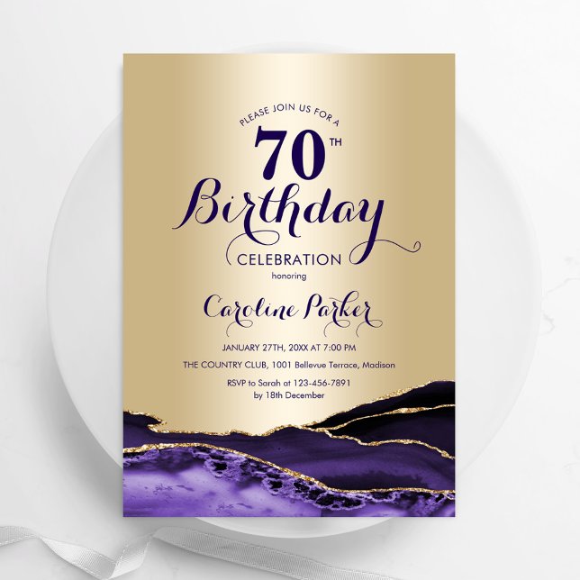 Gold Purple Agate 70th Birthday Invitation (Creator Uploaded)