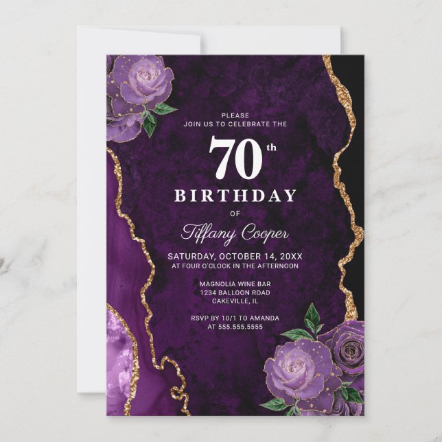 Gold Purple Agate 70th Birthday Invitation (Front)