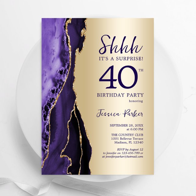 Gold Purple Agate Surprise 40th Birthday Invitation (Creator Uploaded)
