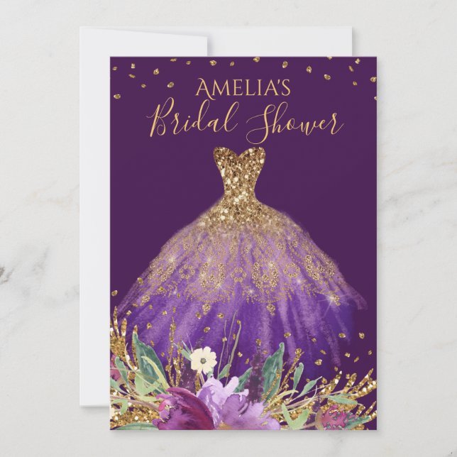 Gold Purple Amethyst Dress Bridal Shower Invite (Front)