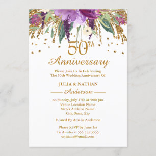 Gold Purple Amethyst Floral 50th Anniversary Invitation